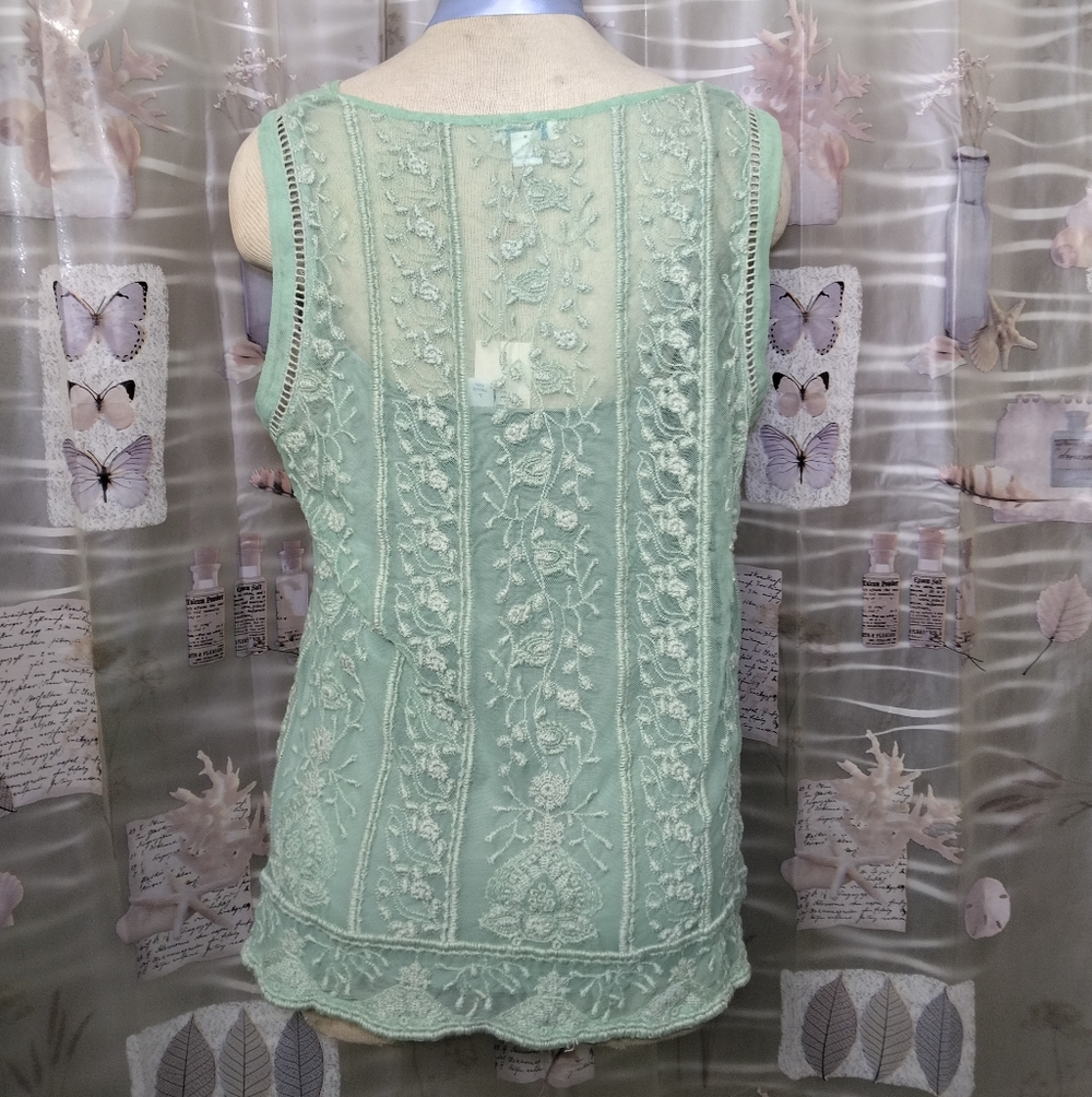 NWTSundance Embroidered Floral Sheer Mint Green Lace Boho Sleeveless Top Lined L - Picture 4 of 15
